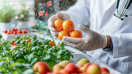 Fototapete - food scientist examines fresh produce using advanced technology, showcasing innovation in agriculture. vibrant colors of fruits and vegetables highlight importance of healthy eating