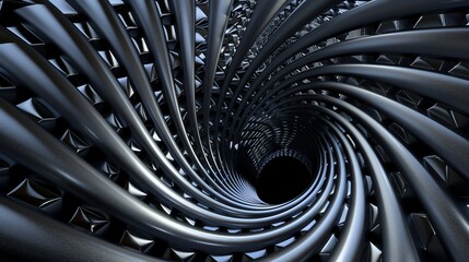 Wall Mural - an abstract, metallic, spiral tunnel with a black center.