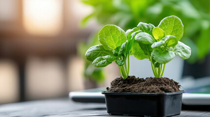 Leinwandbilder - Fresh hydroponic vegetable plants growing in soil, showcasing vibrant green leaves and healthy roots. Ideal for gardening enthusiasts and sustainable living