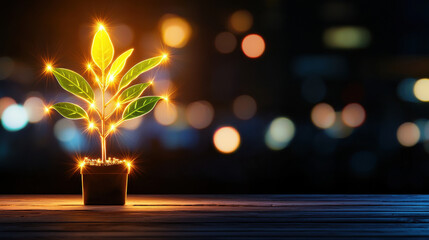 Aufkleber - glowing tree with bright branches and leaves in pot, illuminated against blurred background. enchanting scene evokes sense of wonder and tranquility
