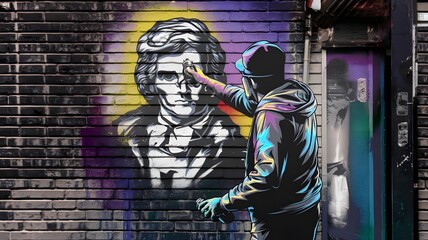 Wall Mural - a stylized portrait of a street artist spray-painting an iconic figure, with holographic elements an