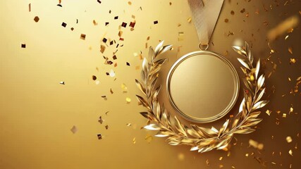 Wall Mural - best seller golden medal with falling golden confetti, victory concept