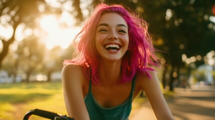 A young adult with vibrant pink hair laughing while riding a bicycle through an urban park