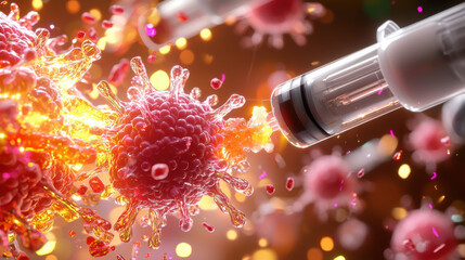 Fototapete - conceptual illustration of nanotechnology in medicine, showcasing syringe injecting treatment into virus. vibrant colors and dynamic elements highlight innovative approach to healthcare