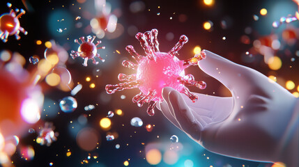 Leinwandbilder - conceptual illustration of nanotechnology in medicine, showcasing hand holding virus. vibrant colors and details highlight intricate relationship between technology and health