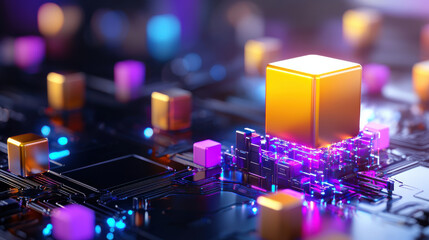 Aufkleber - conceptual illustration of solid and technological elements, featuring golden cube surrounded by colorful blocks on circuit board. vibrant colors and glowing lights create futuristic atmosphere