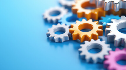 Aufkleber - Colorful gears interlocking on blue background, symbolizing teamwork and collaboration in mechanics and engineering. vibrant colors add dynamic touch to concept