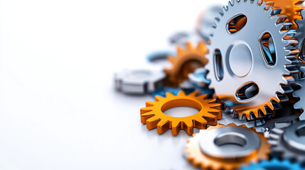 Leinwandbilder - Interlocking gears in metallic colors symbolize teamwork and collaboration, showcasing intricate relationship between components in mechanical system