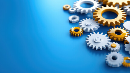 Poster - Conceptual image of interlocking gears in various sizes and colors, symbolizing teamwork and collaboration. vibrant blue background enhances mechanical theme