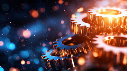 Aufkleber - Interconnected gears with shiny metallic finish create dynamic visual, surrounded by bokeh background of blue and orange lights, symbolizing innovation and technology