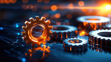 Poster - creative depiction of interconnected gears with futuristic design, showcasing metallic textures and glowing elements. image conveys innovation and technology