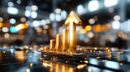 Poster - creative digital rendering of growth analytics display featuring golden upward arrow and bar graph, symbolizing success and progress in business