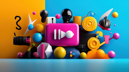 Poster - vibrant digital composition featuring colorful geometric shapes, playful elements, and prominent play button symbol. This creative design embodies modern digital aesthetics and innovation