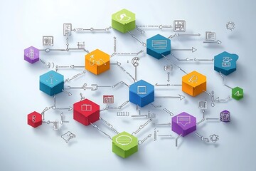 Wall Mural - interconnected colorful cubes networked with hand-drawn icons