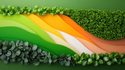 Poster - Vibrant layers of green and orange create dynamic visual of nature, showcasing various shades of foliage and textures. This artistic representation evokes sense of freshness and vitality
