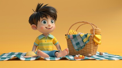 Wall Mural - A 3D rendering of a cartoon boy sitting on a picnic blanket.