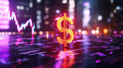 Fototapete - glowing dollar sign stands prominently against digital market analysis background, symbolizing finance and investment trends. vibrant colors and data visuals create engaging atmosphere