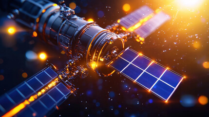 Poster - detailed image of solar powered spacecraft with solar panels, showcasing advanced technology and space exploration. vibrant colors and intricate design highlight its futuristic features