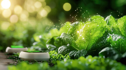 Aufkleber - digital illustration of smart vegetable farming showcasing vibrant green lettuce leaves with advanced technology elements. scene captures essence of modern agriculture and innovation