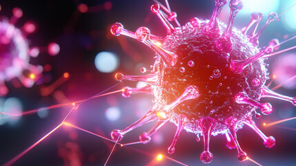 Leinwandbilder - vibrant 3D illustration of microscopic virus, showcasing intricate details and glowing features. dynamic colors and structure create captivating visual representation of viral biology