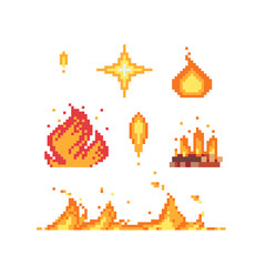Pixel art fire set icon, flame knitted design. Isolated vector illustration. 8-bit sprite. Old school computer graphic style. Game assets.