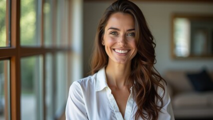 Wall Mural - A woman in a white shirt smiles at the camera