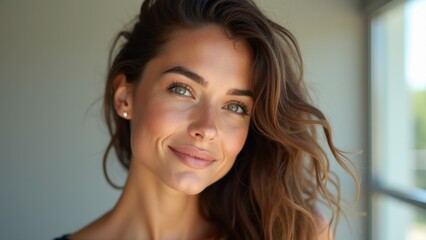 Wall Mural - A woman with long brown hair smiling at the camera