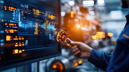 Fototapete - Futuristic engineering control room with large screens displaying data, showcasing advanced technology and monitoring systems. technician interacts with interface