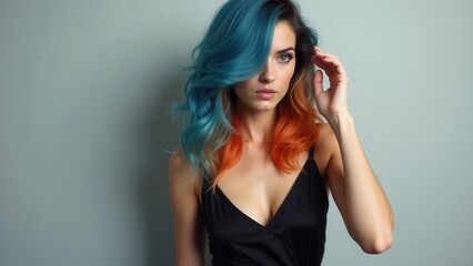 Wall Mural - A woman with blue and orange hair is posing for a picture