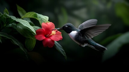 A vibrant hummingbird hovering near a bright red flower in a lush, green tropical setting