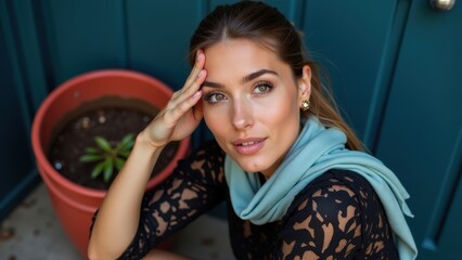 Wall Mural - A woman sitting next to a potted plant with her hand on her head