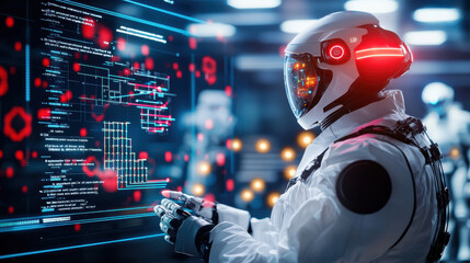 Aufkleber - futuristic engineering lab featuring robotic assistant interacting with advanced technology. environment is illuminated with digital displays and holographic interfaces, creating high tech