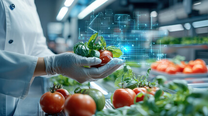 Fototapete - futuristic food lab showcasing digital technology in agriculture, featuring hand holding fresh tomatoes and greens, symbolizing innovation in food production