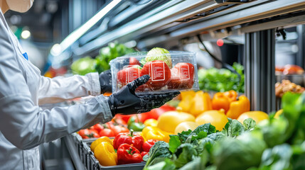 Fototapete - futuristic food packaging system with robotic arms showcases fresh produce, including tomatoes, peppers, and lettuce, emphasizing innovation in food technology
