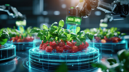 Leinwandbilder - Futuristic food packaging system with robotic arms harvesting plants. This advanced technology showcases automation in agriculture, enhancing efficiency and productivity