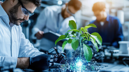 Poster - Innovative scientists working on futuristic project with plant and technology. scene showcases collaboration in high tech lab environment, blending nature and innovation