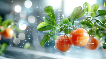 Poster - Futuristic lab with orange fruit, digital data overlay, and vibrant greenery. Scientists researching biotechnology and agriculture innovations in modern setting
