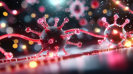 Fototapete - Futuristic rendering of nanotechnology biotechnology, showcasing intricate virus structures with glowing red elements against blurred background. This captures essence of advanced scientific