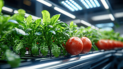 Poster - Futuristic scene of vegetables, including tomatoes and spinach, thriving in high tech indoor farm. vibrant greens and reds create lively atmosphere of sustainable agriculture