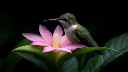 Wall Mural - A vibrant hummingbird perched gracefully on a pink flower, surrounded by lush green leaves