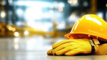 Yellow hard hat and gloves on floor, essential safety gear for construction industrial work