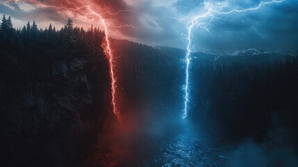 Wall Mural - on the edge of the cliff, there is a forest on the opposite side. there is a thick red lightning and
