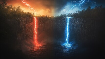 Wall Mural - on the edge of the cliff, there is a forest on the opposite side. there is a thick red lightning and