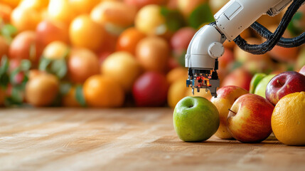Fototapete - fruit sorting robot with mechanical arm picks green apple among various fruits, showcasing advanced technology in agriculture. vibrant background highlights colorful assortment of fruits