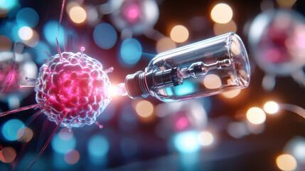 Poster - microscopic view of nanobot delivering drug payload to cell, showcasing advanced technology in medicine. vibrant colors highlight intricate details of process
