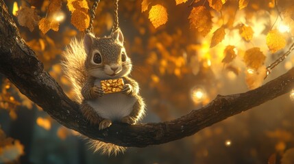 Poster - Cute squirrel enjoying a treat on a branch amidst autumn leaves. Sunlight filters through the leaves creating a warm glow.