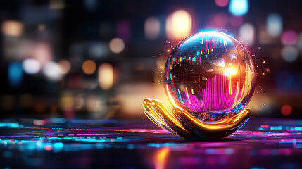 Poster - modern artistic illustration of currency analytics featuring glowing crystal ball with vibrant financial graphs. colorful background enhances futuristic theme