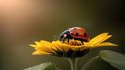 Wall Mural - A vibrant ladybug perched on a sunflower, basking in soft sunlight with blurred greenery behind