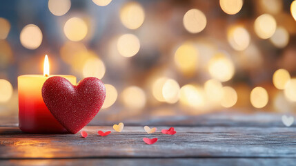 Aufkleber - romantic heart shaped candle glowing softly in dimly lit setting, surrounded by colorful heart shaped confetti, creates warm and inviting atmosphere
