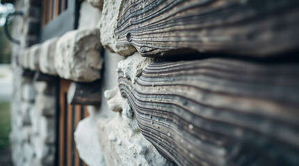 Wall Mural - Rustic Log Cabin Wall: Close-up of Wooden Beams and Stonework.  A Detailed View of Architectural Texture and Design.